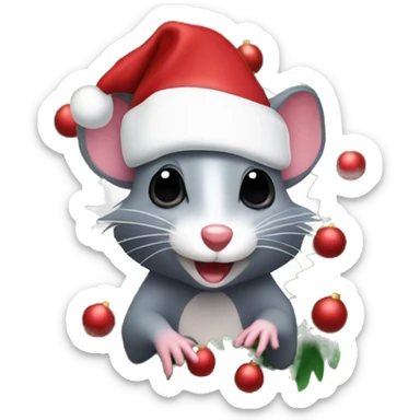 4 opossums wearing Santa hats in front of a Christmas tree sticker