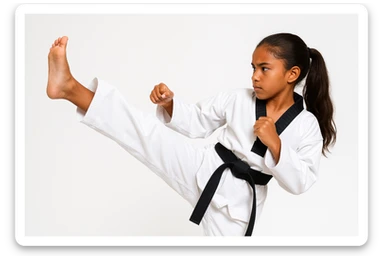 brown-skinned girl with brown hair in a ponytail executing a taekwondo side kick, focused face, white dobok, clean background sticker