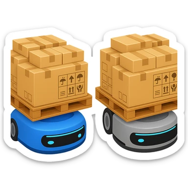 Two Automated Guided Vehicles (AGVs) side by side, top view, each carrying fully loaded pallets with many boxes. The AGVs should have different colors, for example blue and gray. The style should resemble Apple emoji style with a transparent background. sticker