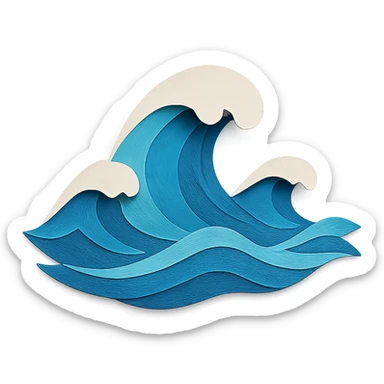 illustration of ocean waves made of layered blue paper with white foam accents in paper-craft style sticker