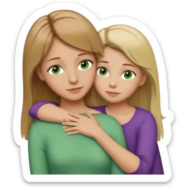 Mom daughter hugging, mom has light brown hair to collarbone and green eyes and is white with tan skin, daughter has dirty blonde hair to upper back with hazel eyes and is white with tan skin sticker
