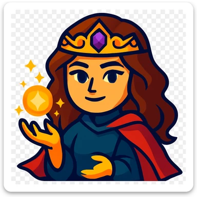 Transform this person into an enchanted character emoji with a jewel-studded tiara, glowing hands, and a flowing red cape. Vibrant colors sticker