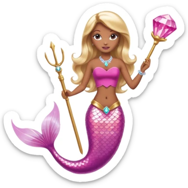 Brown skin blonde hair barbie mermaid with pink diamond tail and wand  sticker