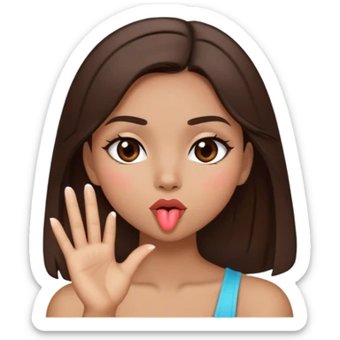 brunette girl, a tone not so dark but not so light, with straight dark brown hair who is blowing a kiss sticker