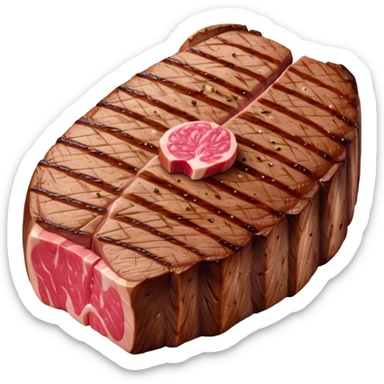 Cinematic thick-cut steak, perfectly seared with grill marks, a juicy pink center, rich and savory, warm glow, sizzling and mouthwatering, highly detailed and appetizing. sticker