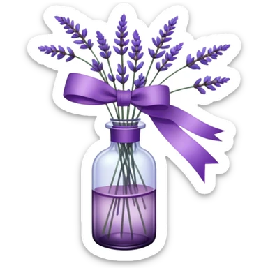 A vintage glass bottle, filled with delicate lavender stems in varying shades of soft lilac and deep aubergine, is adorned with a hand-dyed violet ribbon tied into a gentle bow. The light filters through the dusty glass, casting shadows of lavender sprigs onto the lace-covered surface, as if capturing a fleeting moment of serenity.






 sticker