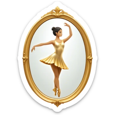 Cinematic Realistic Mirror, a large, ornate mirror reflecting a dancer’s poised silhouette, soft golden light creating depth, slight smudges on the glass adding realism, glowing with a timeless and artistic presence. sticker