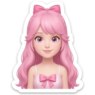 Long pastel pink hair tied with a bow, wearing a sexy dress with a bow on the chest, and very fair sticker