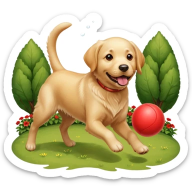 A Labrador Retriever playing fetch with a ball in a backyard garden, mid-action with joyful expression. Natural sunlight, realistic motion blur, outdoor realism. sticker