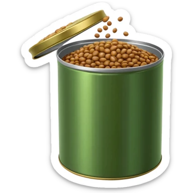 glossy pile of brown-green cooked lentils inside an open tin can, moist and shiny, soft rounded shapes, a few lentils spilling near the edge, no spoon, no label, no garnish, soft lighting, subtle shadows, transparent background, emoji scale sticker