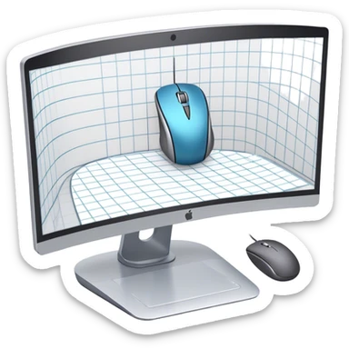 Create an emoji for 3D visualization and modeling. Show a 3D object like room model with grid lines on a big curved monitor. Add a modeling tool a mouse and stylus. Use modern, professional colors. Do not include any emojis or smiley faces. Make the background transparent. sticker