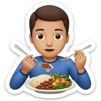 Create a person having lunch. Not a sandwich. Rice, beans, vegetables and chicken. sticker