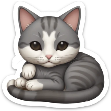 dark grey and white small cat with his eyes closed, leaning his head on his paw while leaning on his elbow lying down sticker