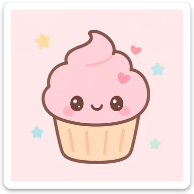 cupcake with pink icing, cute face, pastel colors, kawaii style sticker