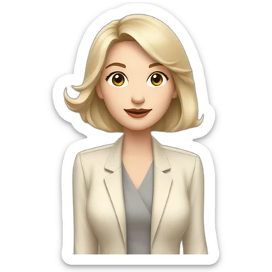 Full height Actively gesturing with hands pale skin woman with ash blonde Straightened bob Hair, White Spacious classical jacket, beige palazzo Arrow pants and gray blouse sticker