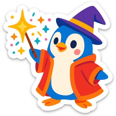 cute penguin wizard casting a spell, wearing a robe and holding a wand, magical sparkles around, vibrant toon style, cartoonish, colorful, playful sticker