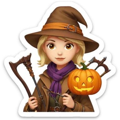 female human monster hunter emoji, wearing brown coat and hat, holding crossbow, soft smile, scarf, glowing pumpkin by her side, Halloween fantasy style, clean vector Apple emoji look, bright colors, white background, square sticker