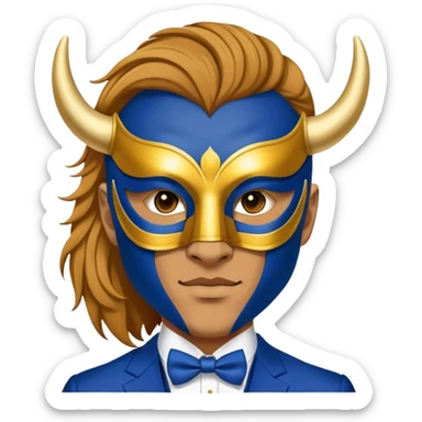 a man, with a Blue suit,  wear half-face golden Buffalo masquerade mask sticker