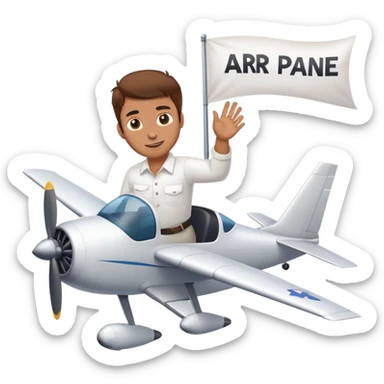 Man with brown hair in white shirt flying plane with banner  that says arr behind the plane sticker