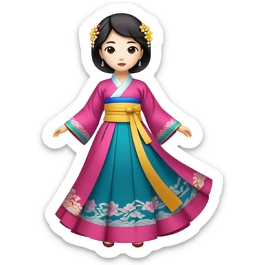 Cinematic Realistic Hanbok Emoji, depicted as a graceful intricately designed traditional Korean dress with vibrant colors and flowing lines, rendered with delicate textures and soft cultural lighting that captures its timeless elegance. sticker
