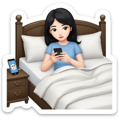 Girl scrolling on phone in bed with black hair one phone sticker