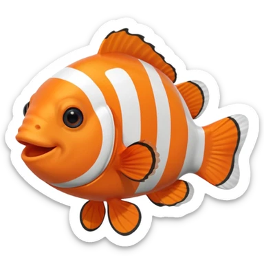 Full body of a clownfish with bright orange and white striped body, small fins, rounded tail, big black eyes, smiling expression, cartoon style, floating in water, front-facing sticker