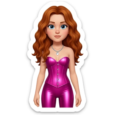 Chappell Roan with blue eyes, long auburn wavy hair, fuchsia metallic corset, fuchsia metallic leggings, silver necklace sticker