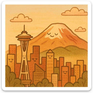 Mount Rainier and Seattle skyline, early morning light, pastel sunrise colors sticker