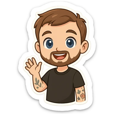 cute chibi cartoon-style male character, front-facing, short brown hair, neatly trimmed short beard, large blue eyes, smiling, waving with right hand, visible tattoos leaf star flower on left arm, wearing simple black t-shirt, smooth shading, clean lines sticker