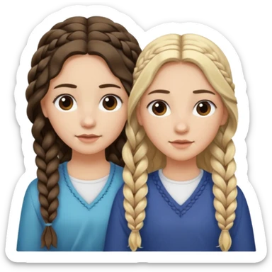Sister with long wavy loose flowing blonde hair and  sister with DARK BROWN HAIR WITH ONE BRAID on one side.   sticker