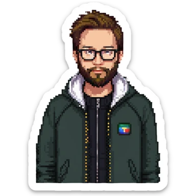 pixel art portrait of a person with glasses, beard, and a zip-up jacket, inspired by the reference photo sticker