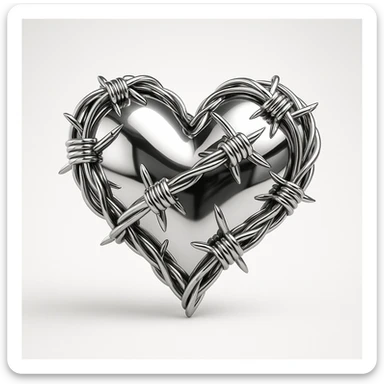 a heart made of barbed wire, metallic 3D style, shiny, reflective sticker