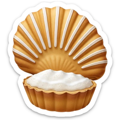 A madeleine pastry. Oval shaped with four to five vertical lines going in the same direction. Scalloped seashell shape. Light golden brown. Scalloped edge. Cookie. Flat. sticker