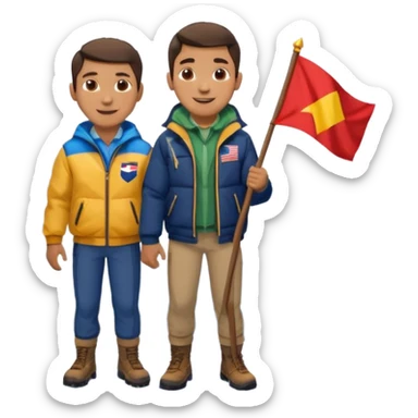 smiling guy on a mountain with snow, mountain visible under his legs, holding a flag sticker