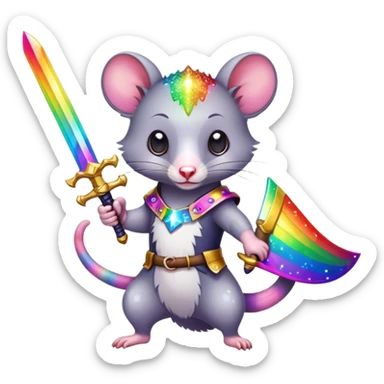 Colorful possum holding a sword with rainbow sparkles sticker