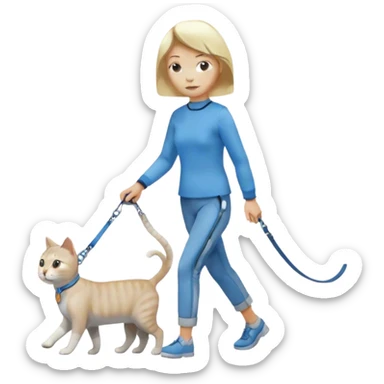 blonde short-haired woman walking a gray and white cat on a blue leash sticker