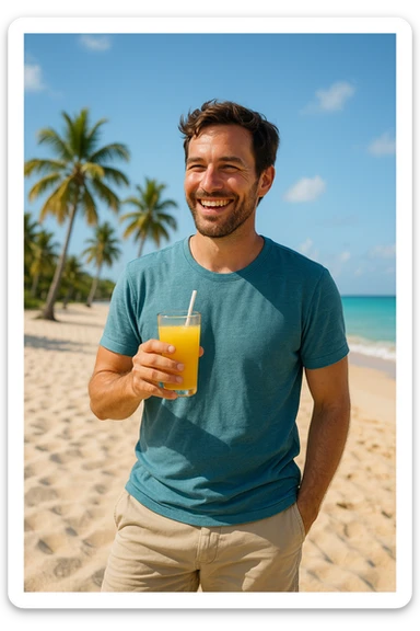take this picture of a man and make it  beach photo with drink sticker