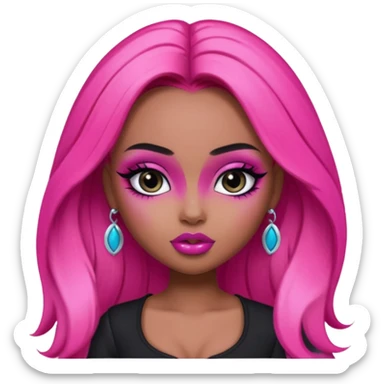 pretty bratz baddie, pretty black makeup, hot pink long hair, pretty sticker