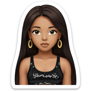 Aaliyah with long dark brown hair, sequin black crop top sticker