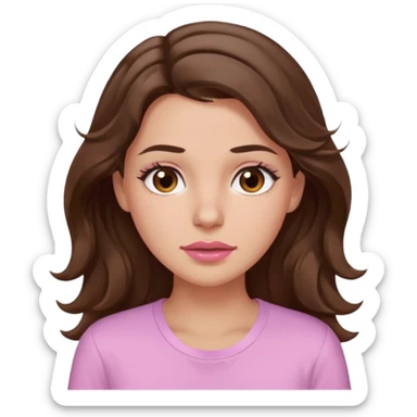 girl with wavy long brown hair, brown eyes, light to medium complexion, long lashes, light pink lipstick, wearing light pink shirt, sweating on the forehead sticker