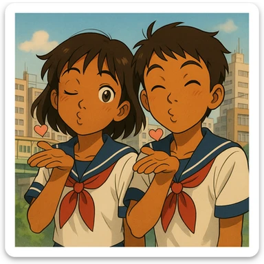 Add a friendly classmate next to the Japanese brown-skinned high school girl, both in Tokyo school uniforms, winking and blowing kisses, playful and cheeky, subtle Tokyo city background in Ghibli anime style. sticker