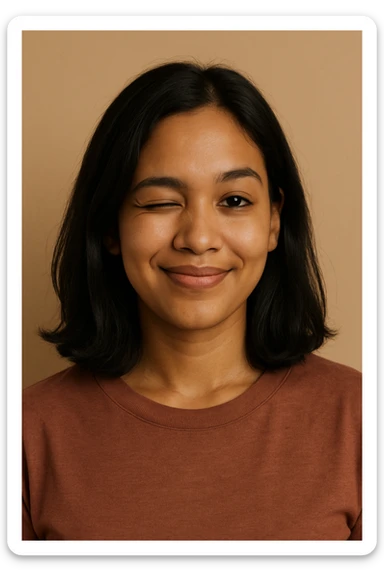 portrait of a light brown skinned female with shoulder length black hair, winking, simple background sticker