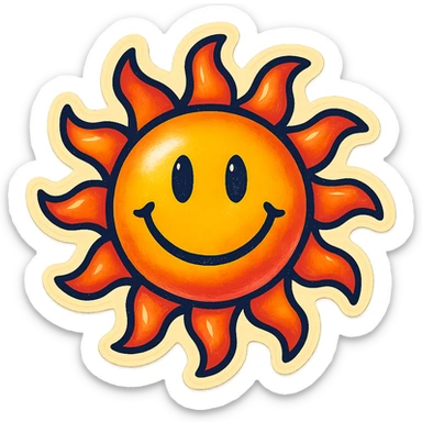 retro sticker art of a smiling sun with bold lines, no border, transparent background sticker