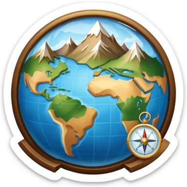 An icon featuring a globe, a compass, and a map, symbolizing geography. The design includes mountain ranges, rivers, and continents, representing the study of Earth’s landscapes and environments. Transparent background highlights the exploration and understanding of the world’s geography. sticker