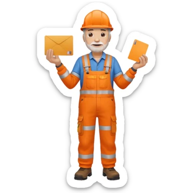 older engineer hi-vis orange overalls full body holding a card sticker