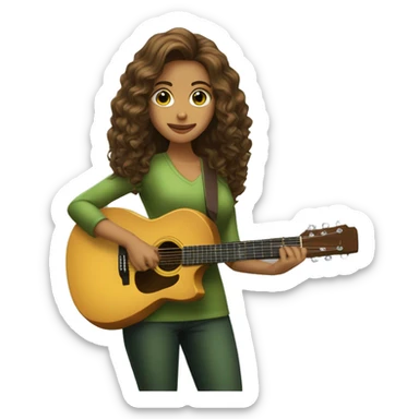 Mujer joven cabello castaño largo, ojos color miel tirando a verdes con un micrófono y tocando la guitarra sticker