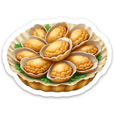 Qingdao fried clams in shell with garlic, simplified emoji style with bold outlines and bright colors, cartoon style Shandong seafood specialty sticker