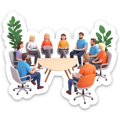 Three happy white male designers and six happy white female designers, all having a casual meeting in a cozy office setting sticker