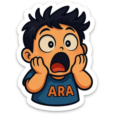 Make Ara's shocked face sticker even more exaggerated with eyes bulging even larger, mouth wide open, hands on cheeks, hair standing up, cartoonish, vibrant, bold, extremely expressive style. sticker