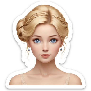 Cinematic Realistic Cinderella Portrait, depicted with lifelike skin texture, subtle rosy undertones, and soft natural lighting that enhances the gentle contours of her face. Her intricately detailed golden blonde hair is elegantly styled in an updo, with delicate wisps framing her face for added realism. Her deep, expressive blue eyes radiate warmth and sincerity, reflecting a quiet resilience and grace. She is dressed in her iconic ball gown, the fabric shimmering with intricate embroidery and fine translucent layers that catch the light beautifully. The soft sheen of satin gloves and the delicate sparkle of a glass-like slipper peeking from beneath her dress add a touch of magical realism. The portrait features an enchanting glow with a natural, luminous finish, seamlessly blending realism and fairytale charm to evoke a sense of depth, elegance, and timeless beauty. sticker